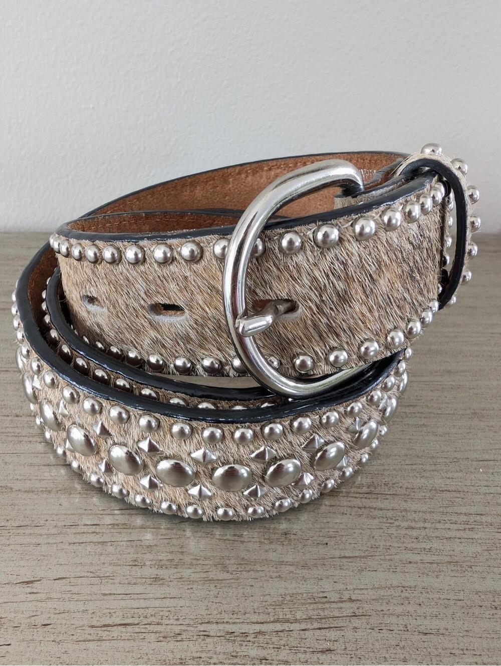 Ranger Belt Company Leather Calf Hair Silver Studded Western Belt Women's 38